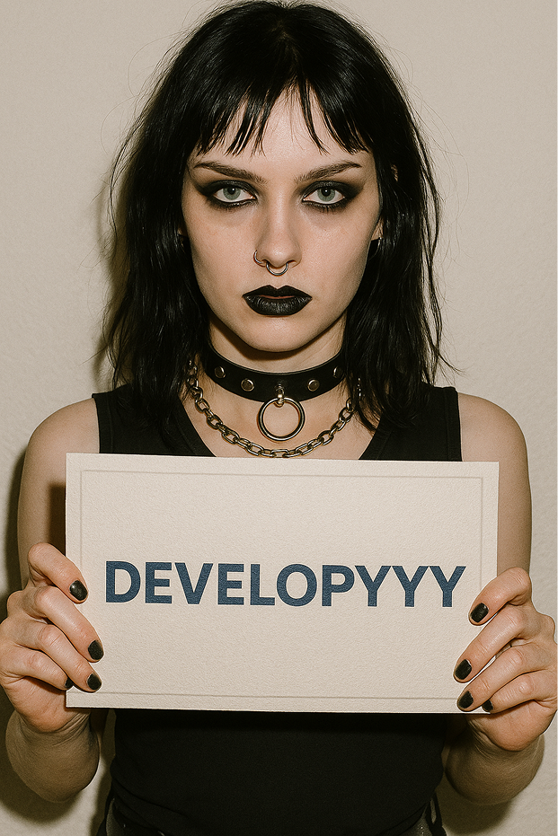 Girl holding DEVELOPYYY sign