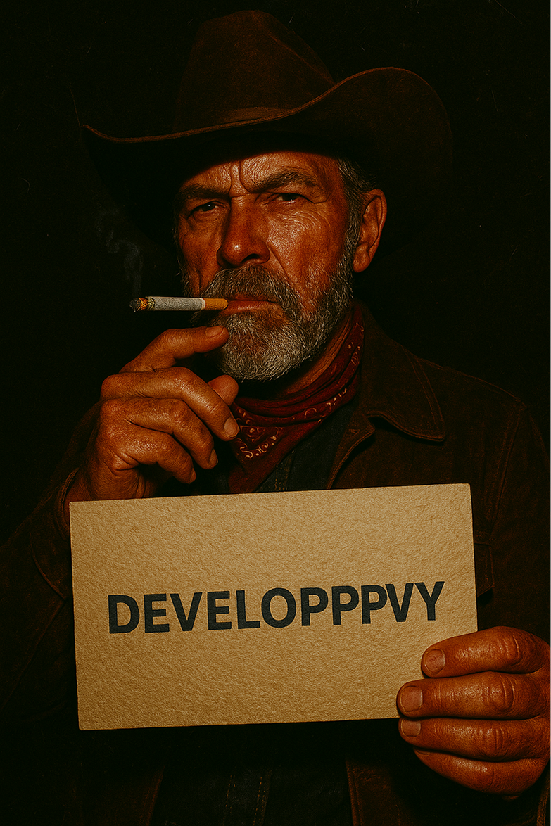 Cowboy holding DEVELOPYYY sign